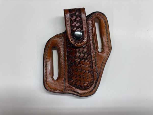 Small pancake knife sheath “W” retaining strap Tan basket weave