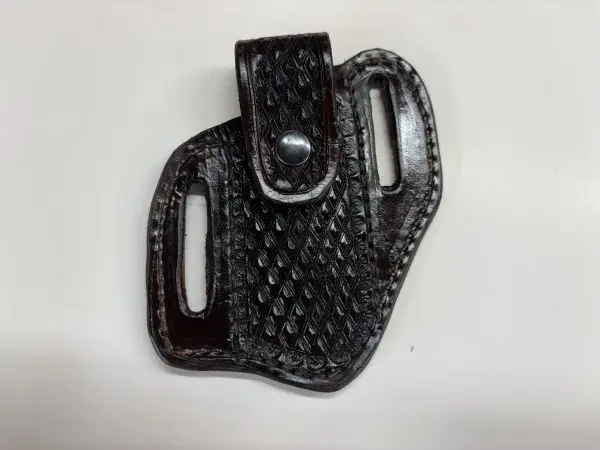 Small pancake knife sheath “W” retaining strap brown diamond pattern