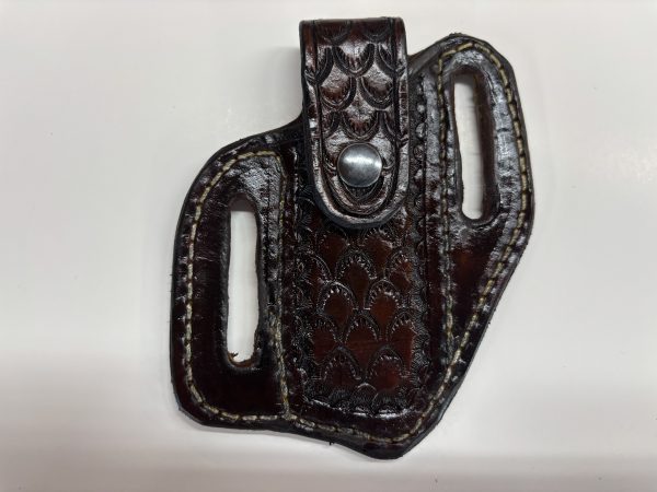 Small pancake knife sheath “W” retaining strap brown