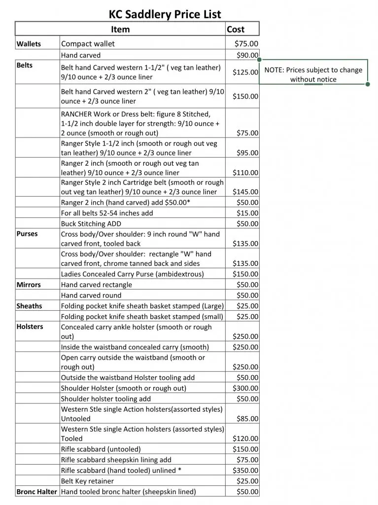 Leather Goods price list 02/21/2026